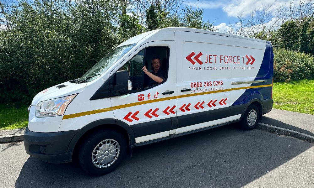 for page: emergency drain unblocking. The Jet Force 1 team leave in their van to fix a drain clearance emergency